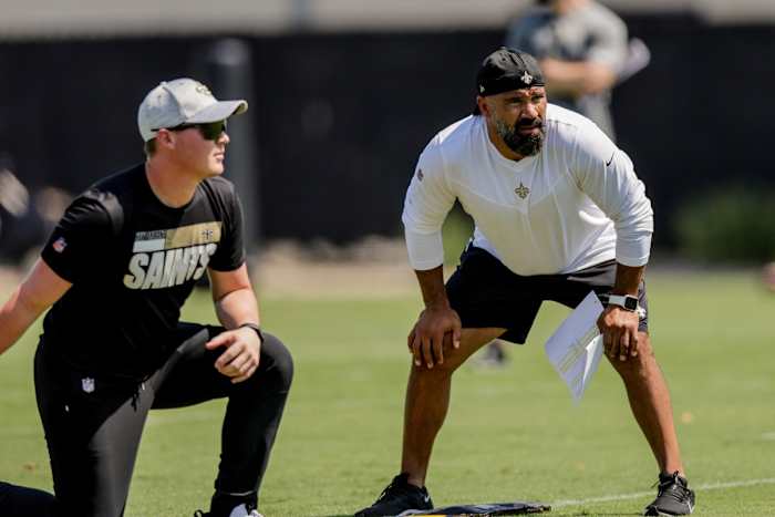May 14, 2022; New Orleans Saints running back coach Joel Thomas looks on during rookie camp at the New Orleans Saints Training Facility. Mandatory Credit: Stephen Lew-USA TODAY Sports
